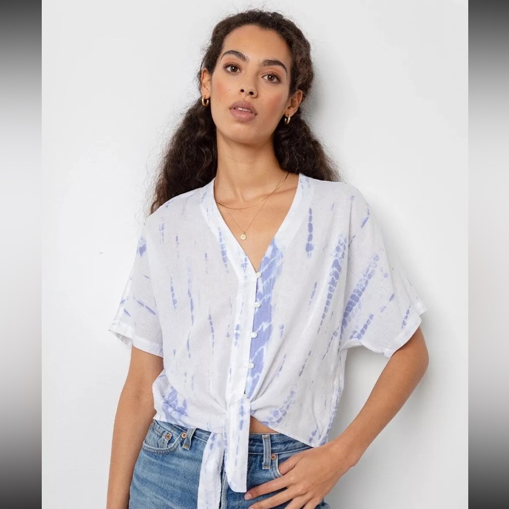 Rails Top Blouse Women Small White Blue Thea Cloud Tie Dye Linen Beach Vacation